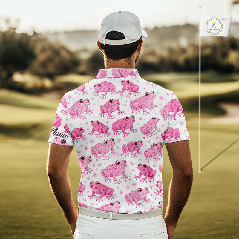 Funny Pink Frog Pattern Mens Golf Polo Shirts Custom Golf Attire For Men Personalized Golfer Gifts NHN0134
