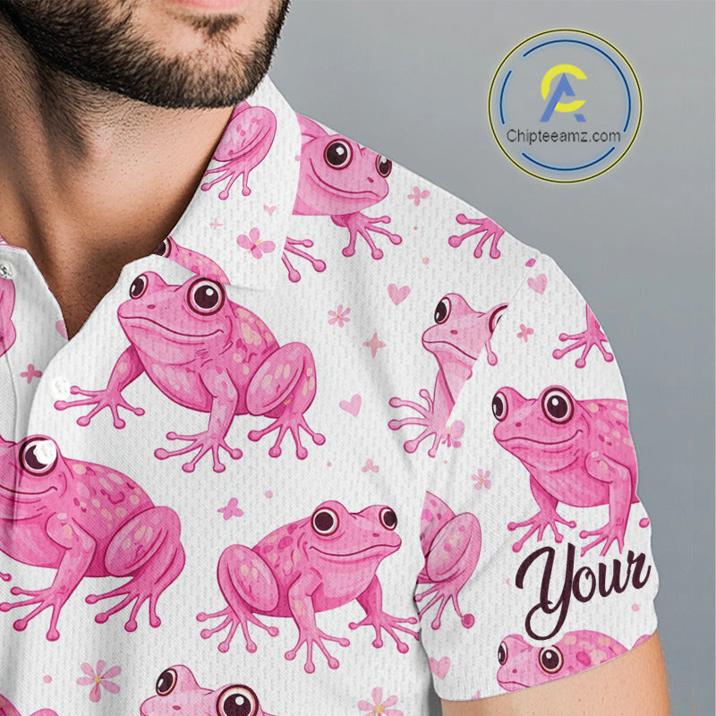 Funny Pink Frog Pattern Mens Golf Polo Shirts Custom Golf Attire For Men Personalized Golfer Gifts NHN0134