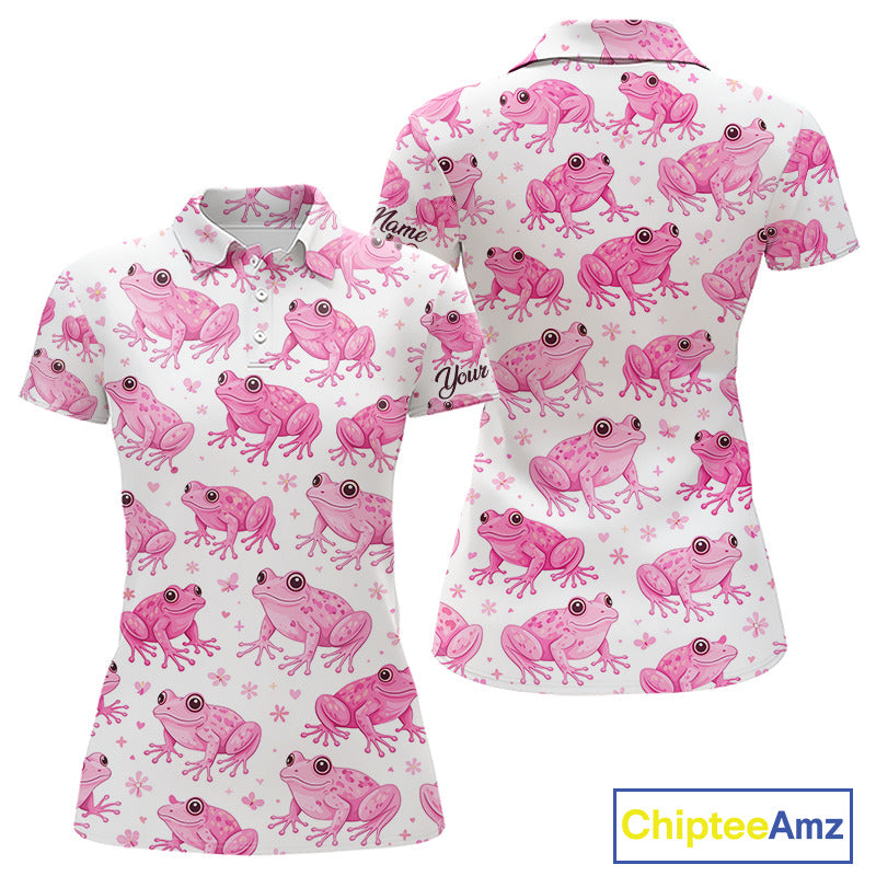 Funny Pink Frog Pattern Womens Golf Polo Shirts Custom Golf Attire For Ladies Personalized Golfer Gift NHN0134