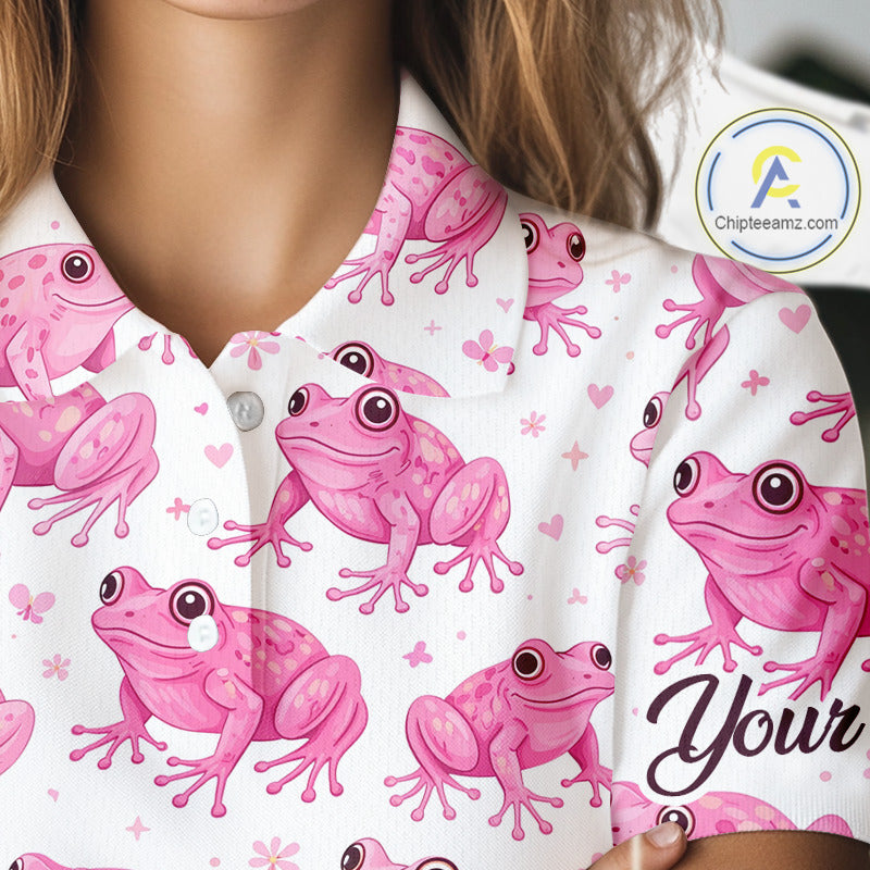 Funny Pink Frog Pattern Womens Golf Polo Shirts Custom Golf Attire For Ladies Personalized Golfer Gift NHN0134
