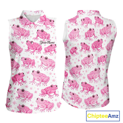 Funny Womens Sleeveless Golf Polo Shirt Custom Pink Frog Pattern Golf Attire For Ladies Golfer NHN0134