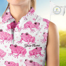 Load image into Gallery viewer, Funny Womens Sleeveless Golf Polo Shirt Custom Pink Frog Pattern Golf Attire For Ladies Golfer NHN0134