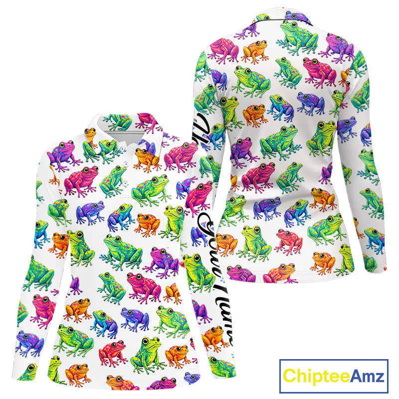 Funny Watercolor Womens Long Sleeve Golf Polo Shirt Custom Colorful Frog Pattern Golf Attire NHN0134