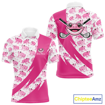 Funny Mens Golf Polo Shirts Custom Pink Frog Pattern Golf Attire For Men Personalized Golfer Gifts NHN0136