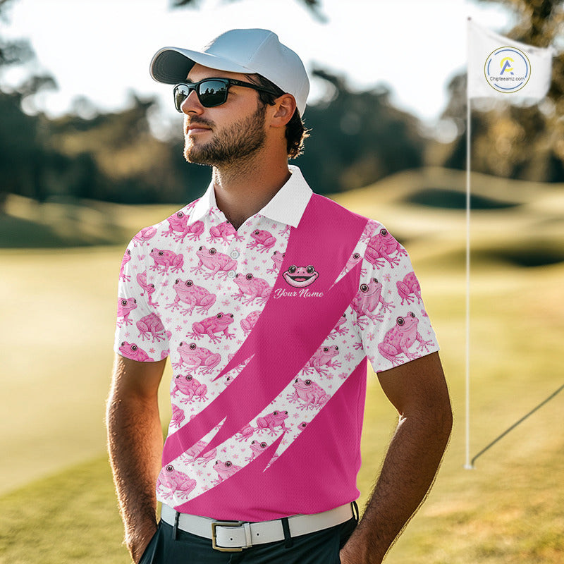 Funny Mens Golf Polo Shirts Custom Pink Frog Pattern Golf Attire For Men Personalized Golfer Gifts NHN0136