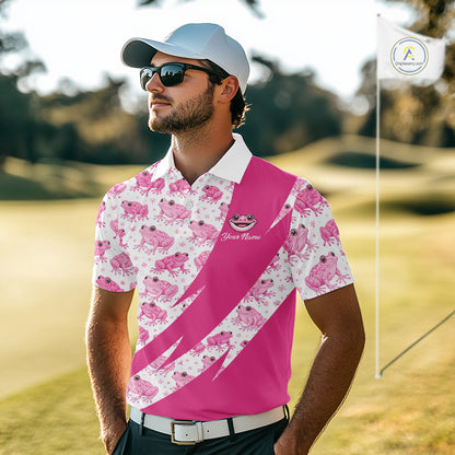 Funny Mens Golf Polo Shirts Custom Pink Frog Pattern Golf Attire For Men Personalized Golfer Gifts NHN0136