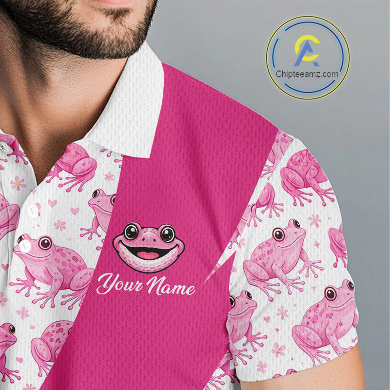 Funny Mens Golf Polo Shirts Custom Pink Frog Pattern Golf Attire For Men Personalized Golfer Gifts NHN0136