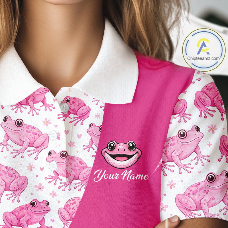 Funny Womens Golf Polo Shirts Custom Pink Frog Pattern Golf Attire For Men Personalized Golfer Gifts NHN0136