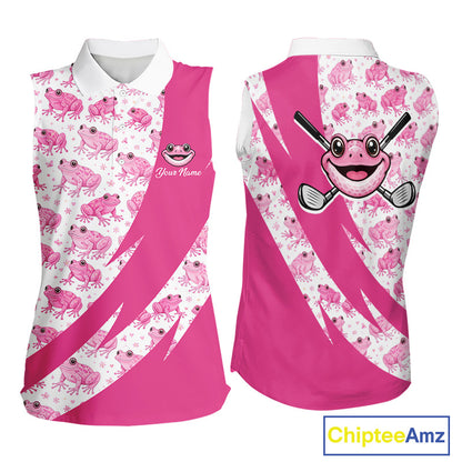 Funny Womens Sleeveless Golf Polo Shirt Custom Pink Frog Pattern Golf Attire For Ladies Golfer Gifts NHN0136