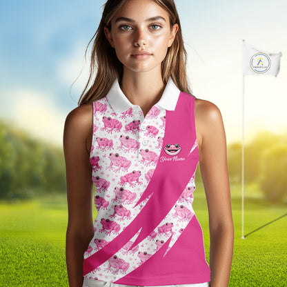 Funny Womens Sleeveless Golf Polo Shirt Custom Pink Frog Pattern Golf Attire For Ladies Golfer Gifts NHN0136