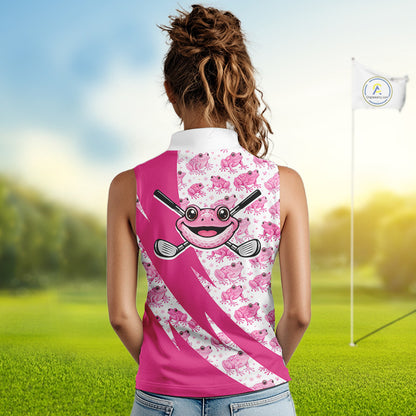 Funny Womens Sleeveless Golf Polo Shirt Custom Pink Frog Pattern Golf Attire For Ladies Golfer Gifts NHN0136