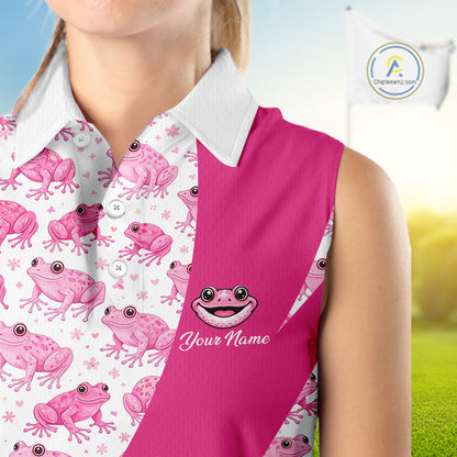 Funny Womens Sleeveless Golf Polo Shirt Custom Pink Frog Pattern Golf Attire For Ladies Golfer Gifts NHN0136