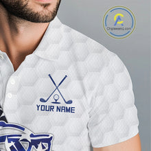 Load image into Gallery viewer, Funny Mens Golf Polo Shirt Patriotic American Flag Custom Name Shark Playing Golf Shirt Funny Golf Apparel NHN0018