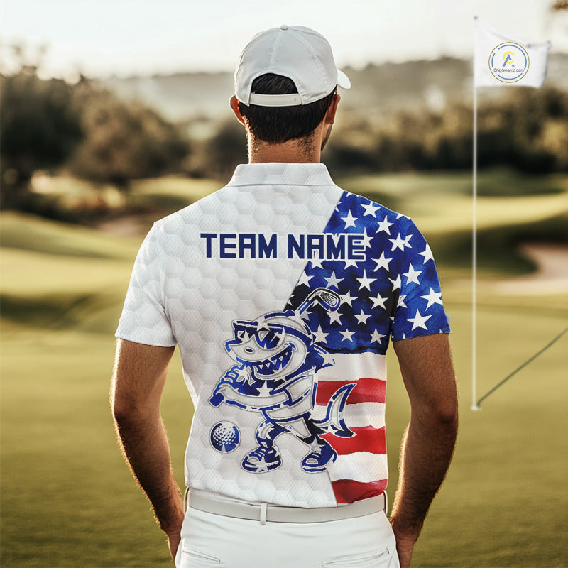 Funny Mens Golf Polo Shirt Patriotic American Flag Custom Name Shark Playing Golf Shirt Funny Golf Apparel NHN0018