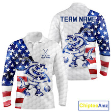 Load image into Gallery viewer, Funny Mens Long Sleeve Polo Golf Shirt Patriotic American Flag Custom Shark Playing Golf Shirt Funny Golf Apparel NHN0018