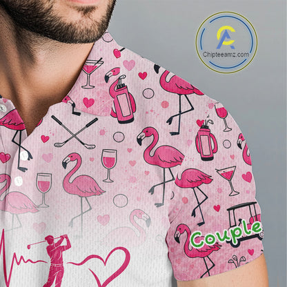 Pink Flamingo Heart Theme Matching Golf Polos For Couple Custom Couple Valentines Outfit NHN0145