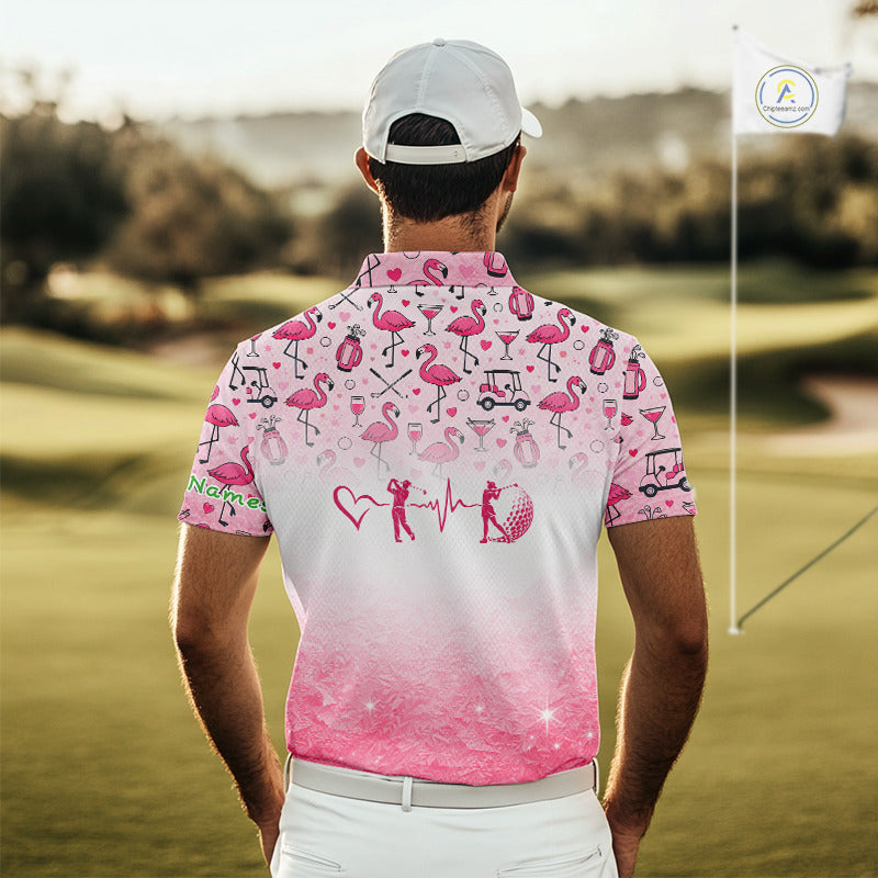 Pink Flamingo Heart Theme Matching Golf Polos For Couple Custom Couple Valentines Outfit NHN0145