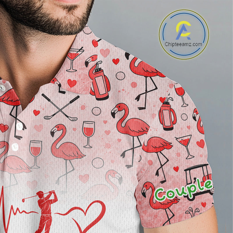 Red Flamingo Heart Theme Matching Golf Polos For Couple Custom Couple Valentines Outfit NHN0145