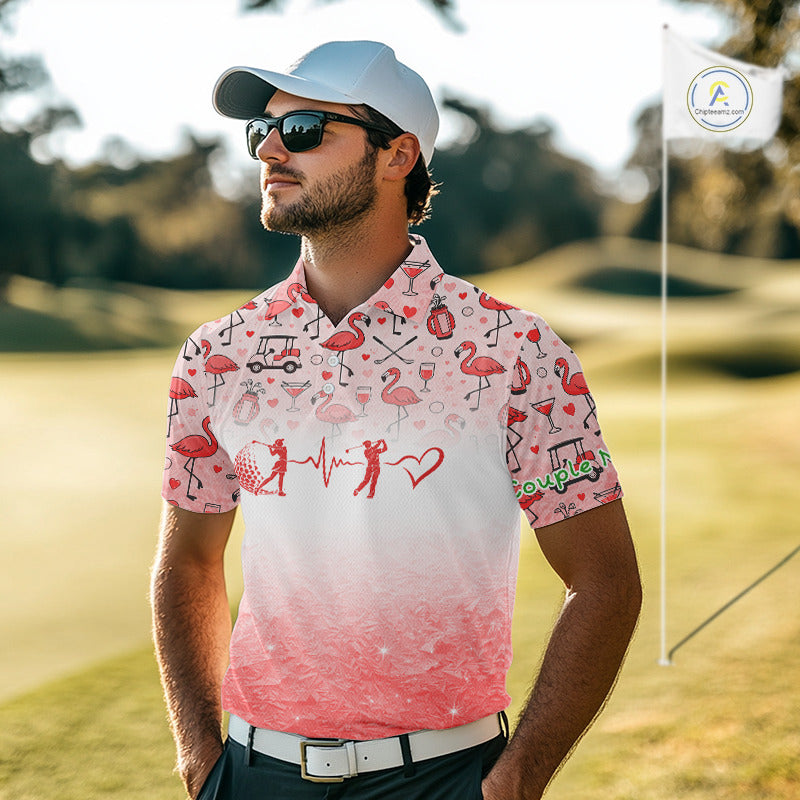 Red Flamingo Heart Theme Matching Golf Polos For Couple Custom Couple Valentines Outfit NHN0145