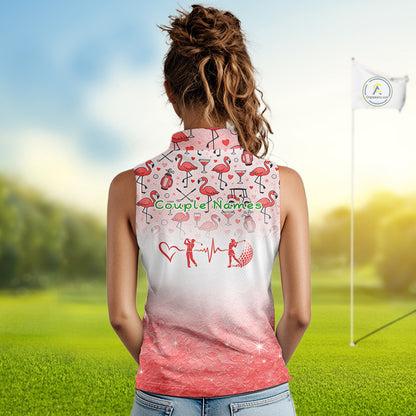 Red Flamingo Heart Theme Matching Sleeveless Golf Shirts For Couple Custom Couple Valentines Outfit NHN0145