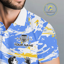 Load image into Gallery viewer, Camo Mens Disc Golf Polo Shirt Custom Name Blue Yellow Disc Golf Basket Apparel Team Disc Golf Outfit NHN0027