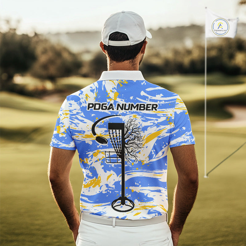 Camo Mens Disc Golf Polo Shirt Custom Name Blue Yellow Disc Golf Basket Apparel Team Disc Golf Outfit NHN0027