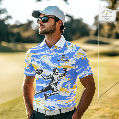Camo Mens Disc Golf Polo Shirt Custom Name Blue Yellow Disc Golf Basket Apparel Team Disc Golf Outfit NHN0027