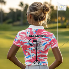 Load image into Gallery viewer, Camo Womens Disc Golf Polo Shirt Custom Name Pink Disc Golf Basket Apparel Team Disc Golf Outfit NHN0027