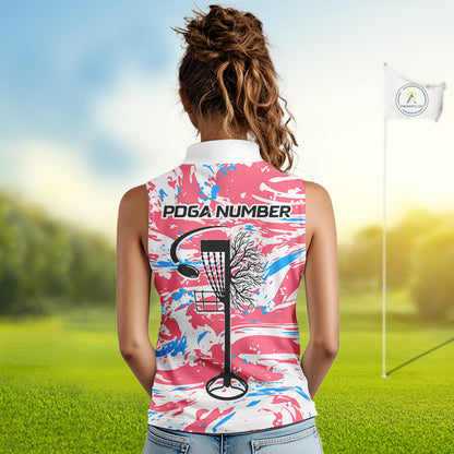Camo Womens Disc Golf Sleeveless Polo Shirt Custom Name Pink Disc Golf Basket Apparel Team Disc Golf Outfit NHN0027