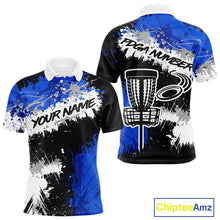 Load image into Gallery viewer, Mens Disc Golf Polo Shirt Custom Name Number Blue Disc Golf Basket Personalized Disc Golf Shirts NHN0028