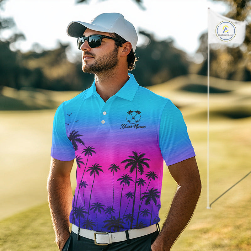 Pink Blue Neon Palm Pattern Mens Golf Polo Shirt Custom Golf Ball Blue Golf Tops, Golfer Gifts NHN0157