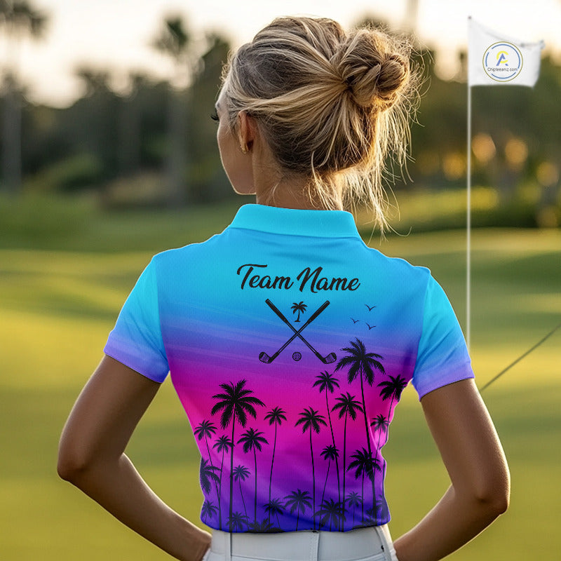 Pink Blue Neon Palm Pattern Womens Golf Polo Shirt Custom Golf Ball Blue Golf Tops, Golfer Gifts NHN0157