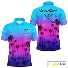 Load image into Gallery viewer, Pink Blue Neon Palm Pattern Mens Golf Polo Shirt Custom Golf Ball Blue Golf Tops, Golfer Gifts NHN0157