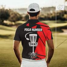 Load image into Gallery viewer, Mens Disc Golf Polo Shirt Custom Name Black And Red Disc Golf Basket Golf Shirts Personalized  NHN0030