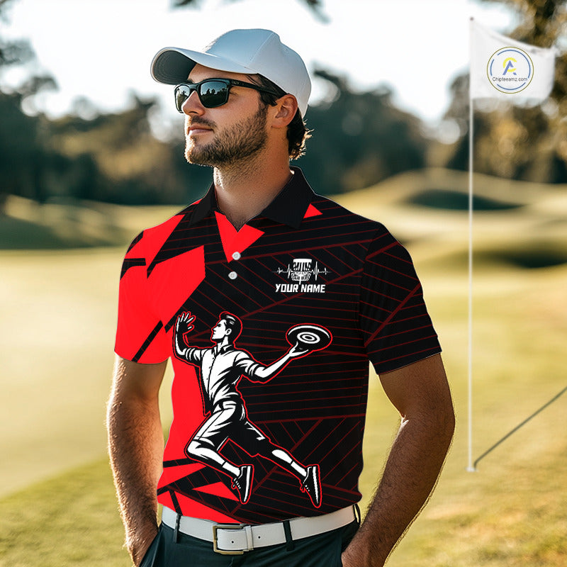 Mens Disc Golf Polo Shirt Custom Name Black And Red Disc Golf Basket Golf Shirts Personalized  NHN0030