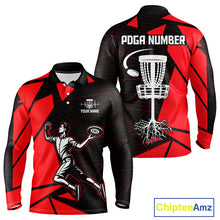 Load image into Gallery viewer, Mens Disc Golf Polo Shirt Custom Name Black And Red Disc Golf Basket Golf Shirts Personalized  NHN0030