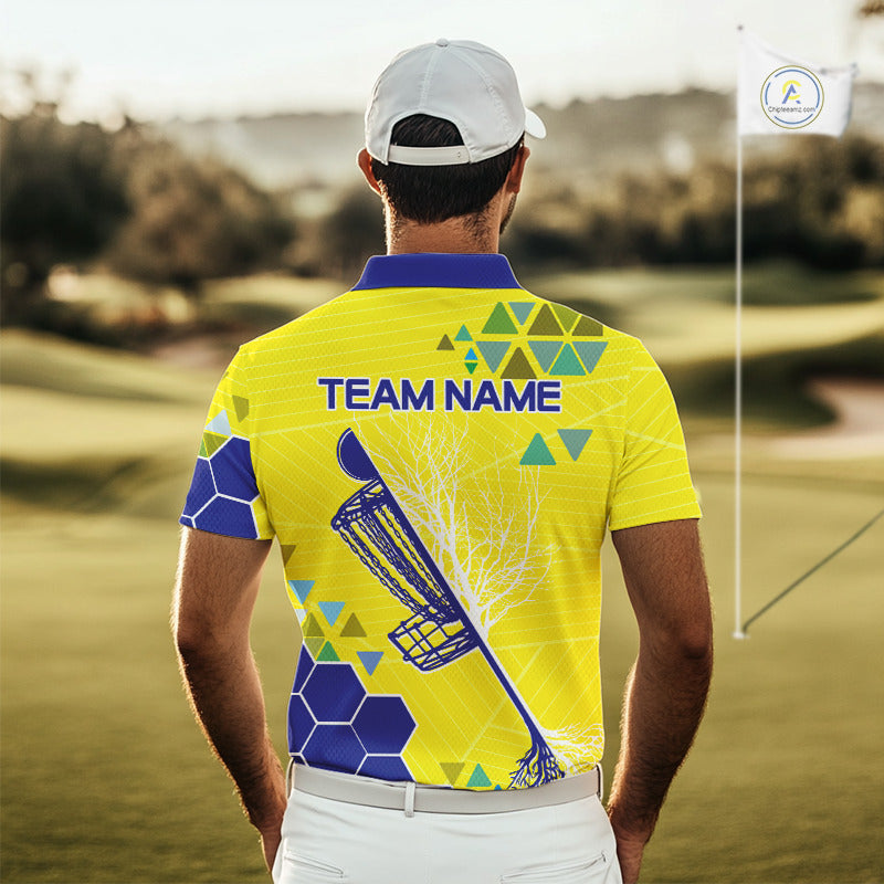 Blue And Yellow Hexagon Pattern Mens Disc Golf Polo Shirts Custom Team Disc Golf Jerseys NHN0031