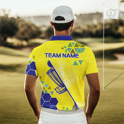 Blue And Yellow Hexagon Pattern Mens Disc Golf Polo Shirts Custom Team Disc Golf Jerseys NHN0031