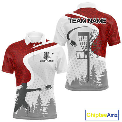 Mens Disc Golf Polo Shirt Custom Name White And Red Disc Golf Basket Personalized Disc Golf Shirts NHN0032