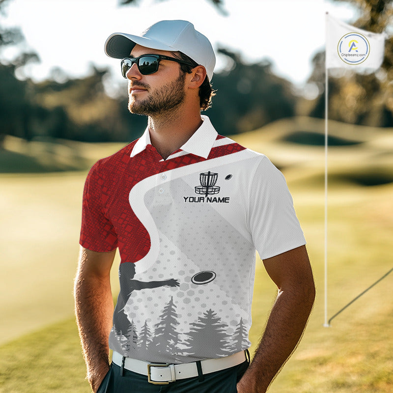 Mens Disc Golf Polo Shirt Custom Name White And Red Disc Golf Basket Personalized Disc Golf Shirts NHN0032