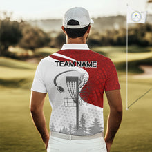 Load image into Gallery viewer, Mens Disc Golf Polo Shirt Custom Name White And Red Disc Golf Basket Personalized Disc Golf Shirts NHN0032