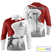Load image into Gallery viewer, Mens Disc Golf Polo Shirt Custom Name White And Red Disc Golf Basket Personalized Disc Golf Shirts NHN0032
