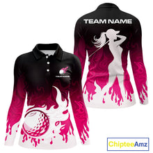 Load image into Gallery viewer, Pink Womens Golf Polo Shirts Custom Name Pink Flame Golf Ball Long Sleeve Shirt For Women Personalized NHN0039