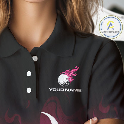 Pink Womens Golf polo Shirts Custom Name With Pink Flame Golf Ball Shirt For Women Personalized NHN0039
