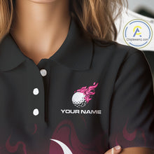 Load image into Gallery viewer, Pink Womens Golf polo Shirts Custom Name With Pink Flame Golf Ball Shirt For Women Personalized NHN0039