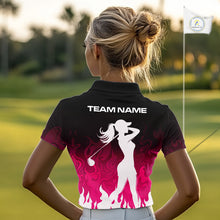 Load image into Gallery viewer, Pink Womens Golf polo Shirts Custom Name With Pink Flame Golf Ball Shirt For Women Personalized NHN0039