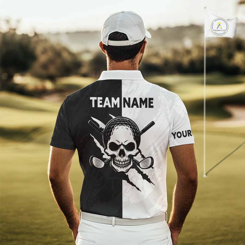 Funny Skull Golf Polo Shirts Black And White Golf Clubs Camo Pattern Custom Skull Playing Golf Apparel NHN0047