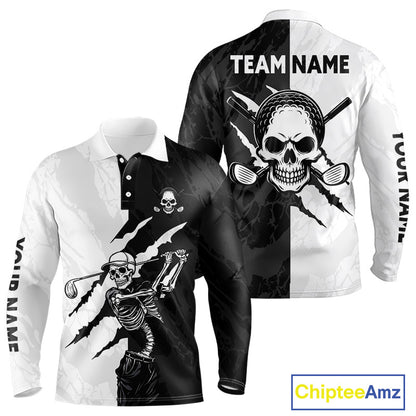 Black And White Funny Skull Long Sleeve Golf Polo Shirts Custom Camo Skull Playing Golf Shirt Golf Gifts NHN0047