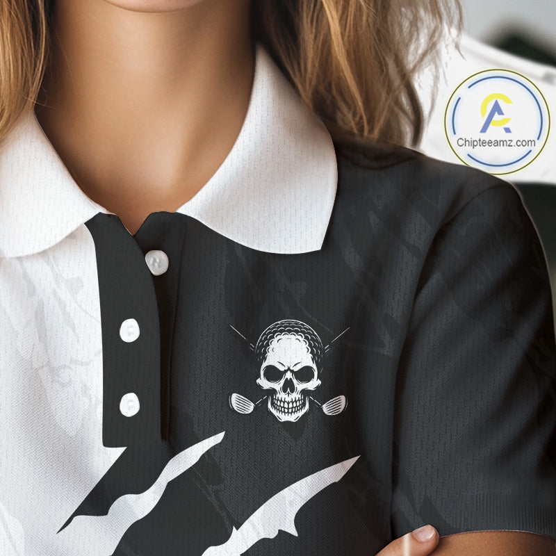 Funny Skull Golf Polo Shirts For Women Black And White Golf Camo Pattern Custom Skull Playing Golf Apparel NHN0047