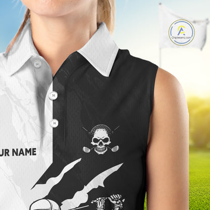 Funny Skull Golf Sleeveless Polo Shirt Custom Black And White Camo Pattern Golf Attire For Women NHN0047